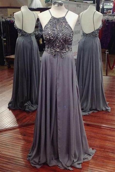 Spaghetti Straps Backless Grey Prom Dress With Beads On Luulla