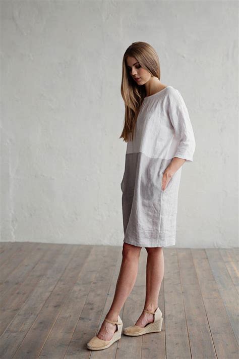 White And Gray Linen Dress Adria Womens Linen Clothing Linen Dress