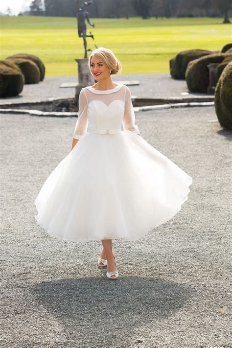 50s Style Tea Length Wedding Dress In Tulle Tea Length Wedding