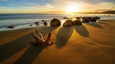 Wallpaper New Zealand Sea Stones Sunset Rocks Beach