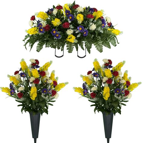 Sympathy Silks Artificial Cemetery Flowers 2 Yellow Red Wildflower