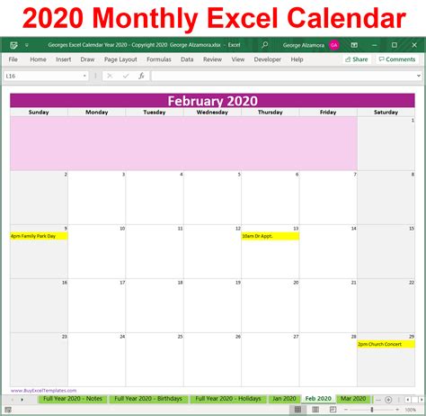 Year 2020 Birthday Planner Calendar Excel Full Year Calendar Weekly