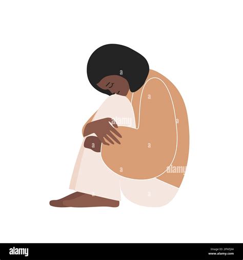 Vector Flat Concept With Sad African American Woman Sitting And Hugging Her Knees Girl Is In