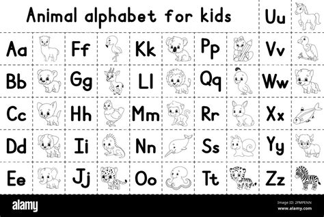 English Alphabet With Cartoon Characters Coloring Page Vector Set