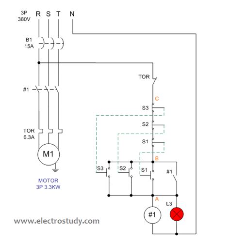 3 phase motor starter wiring diagram sample. Wiring diagram 3 phase motor 3.3 kW with three unit of BSH 222 switch | ElectroStudy
