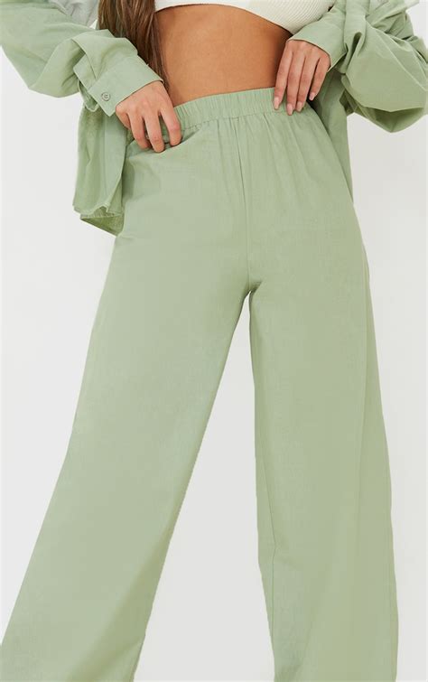 Sage Green Textured Elasticated Waist Trousers Prettylittlething