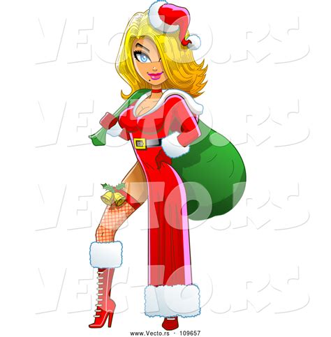 Vector Of Cartoon Blond White Christmas Pinup Lady Posing In A Sexy