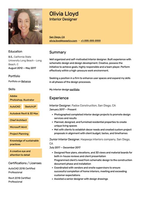 Interior Designer Resume Example And Resume Template With Photo