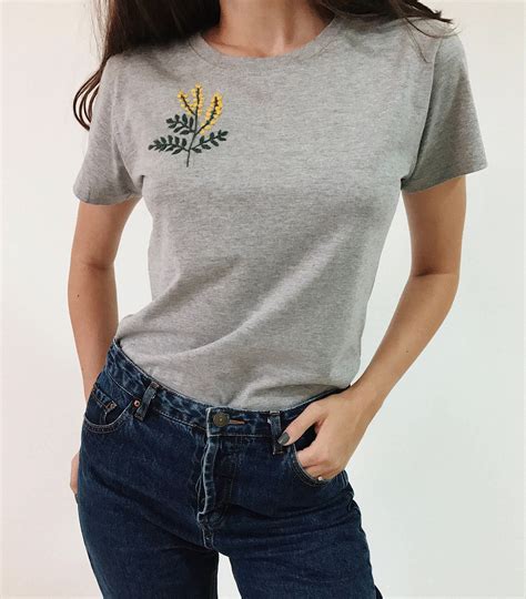 Embroidered T Shirt Grey T Shirt Mimosa Flower Tee Hand