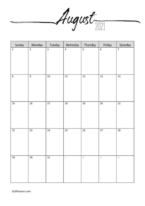 Free Blank August Calendar 2021 Monthly Calendar Printable Printable Images