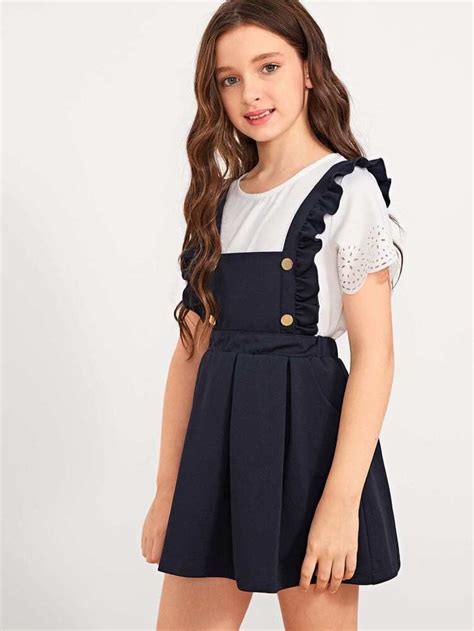 Girls Ruffle Strap Button Front Flare Skirt Tween Fashion Outfits
