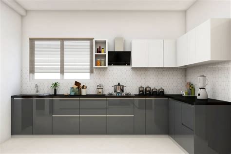 Dark Grey L Shaped Kitchen Design With Glossy Laminates Livspace L