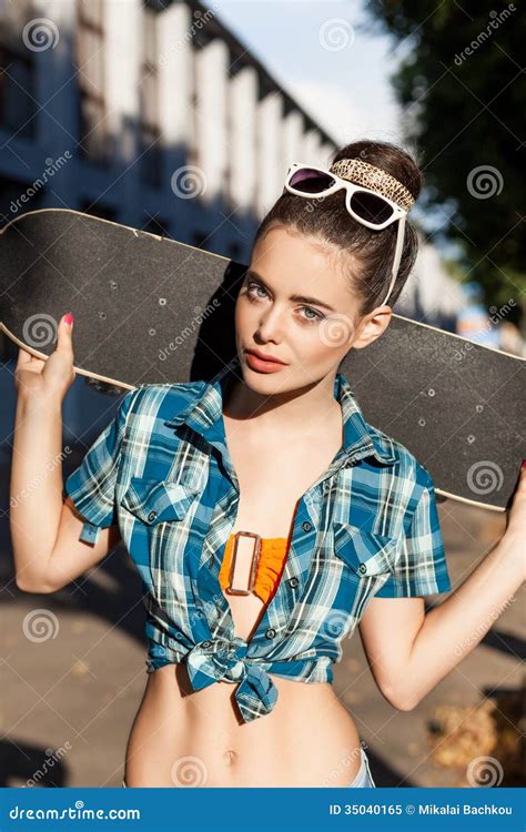 Beautiful Lady With Skateboard In The City Stock Image Image Of
