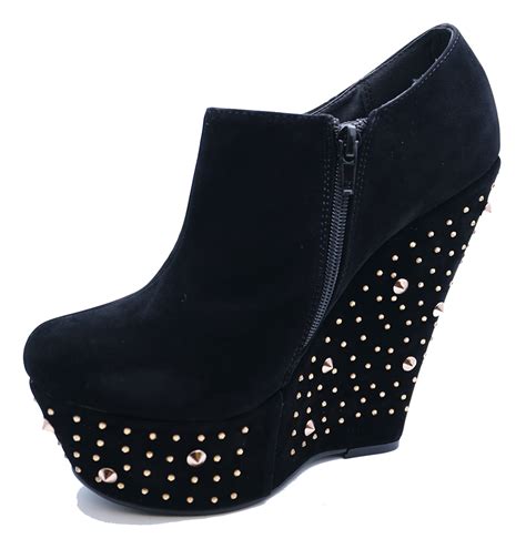 Ladies Black Wedge Platform High Heel Stud Rock Chick Ankle Boots Shoes