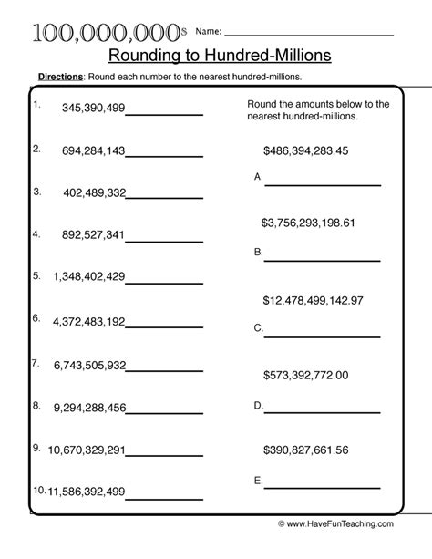 Rounding Numbers To The Nearest Hundred Thousands And Millions Worksheets