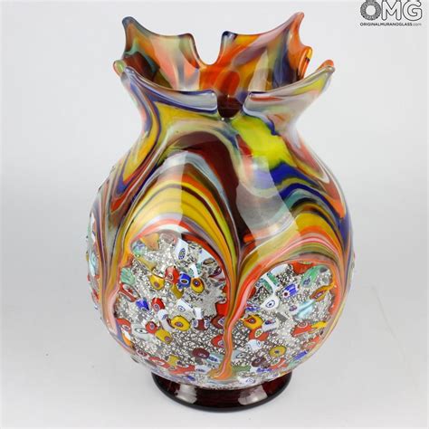 Murano Vase Made With The Technique Of Glass Blowing With Silver And Murrina Decoration The