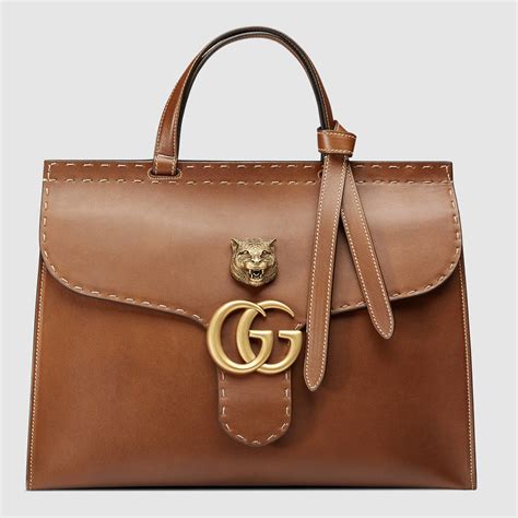 Gucci Gg Marmont Leather Top Handle Bag In Brown Leather Brown Lyst