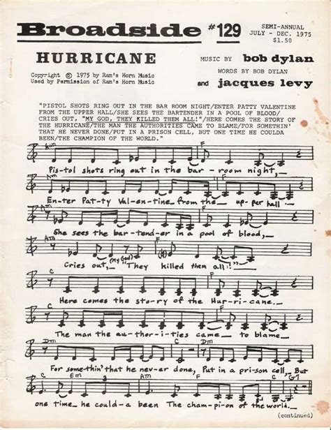 Pistol shots ring out in the barroom night enter patty valentine from the upper hall. Bob Dylan - Signed lyric for Hurricane on Broadside Magazine