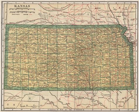 Kansas State Map Showing Counties 1910 Old Antique Vintage Plan Chart