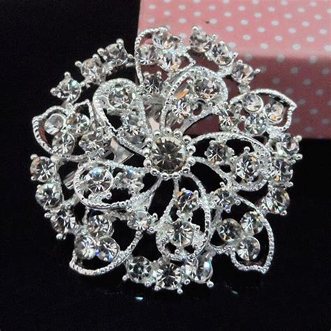 Flower Brooch With Diamante Crystals Silver Pin Brooch For Wedding