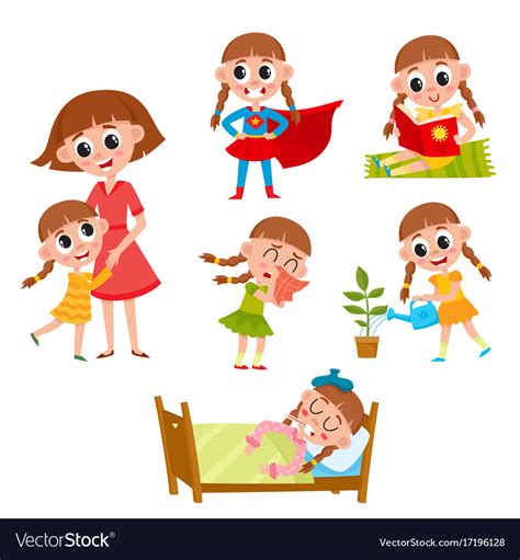 Little Girl Does Daily Routine Set Royalty Free Vecto