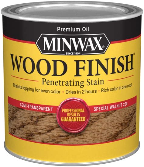Deeply penetrating color enhances wood's beauty in one coat. Buy the Minwax 22240 Special Walnut Wood Stain ~ 1/2 Pint ...