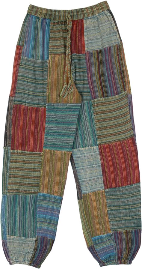 Plus Size Hippie Harem Cotton Striped Patchwork Pants Multicoloured Split Skirts Pants