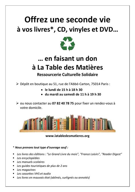 Appel Aux Dons Livres Cd Vinyles Dvd La Table Des MatiÈres