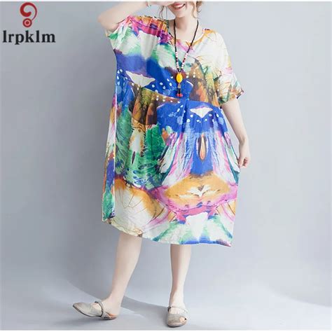 2018 New Summer Large Size Women S Dresses Fat Mm Literary Simple Loose Imitation Silk Fashion