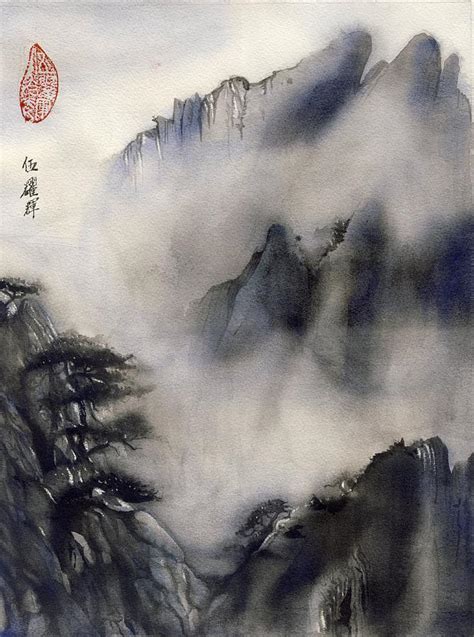 Misty Mountain In Blue Painting By Alfred Ng Fine Art America