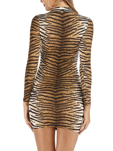 Sexy Bodycon Dresses Tiger Print High Collar Long Sleeves Pencil Dress