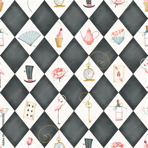 Alice In Wonderland Seamless Pattern On A Background Of Black And White