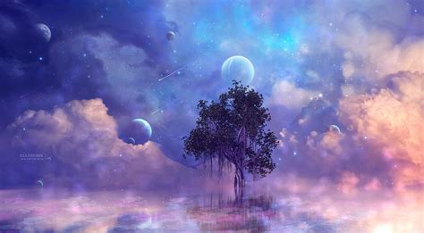 Download Planet Star Starry Sky Blue Purple Cloud Tree Artistic Fantasy