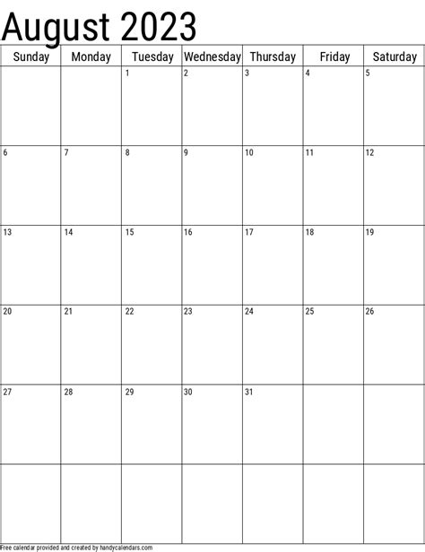 2023 August Calendars Handy Calendars