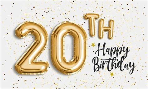 Happy 20th Birthday Gold Foil Balloon Greeting Background Stock