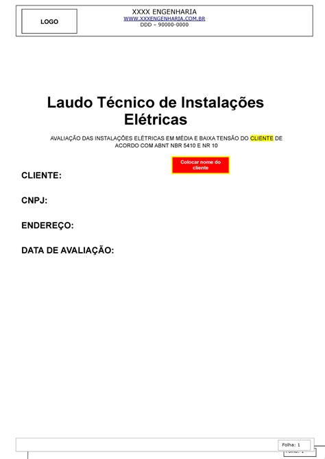 Laudo De Instalacoes Eletrica XXXX ENGENHARIA XXXENGENHARIA COM LOGO DDD Folha