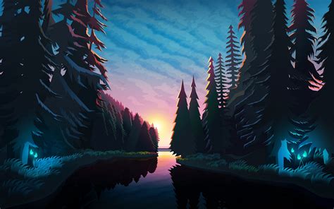 Download Wallpaper 3840x2400 River Forest Sunset Landscape Art 4k