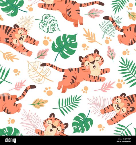 Baby Tiger Seamless Pattern Cute Childish Cartoon Tigers Paw Prints