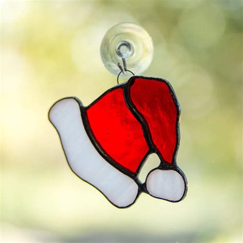 Stained Glass Santas Hat Window Hanging For Winter Holidays Decor