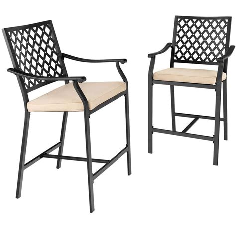 Angeles Home 2 Piece Metal Outdoor Bar Stools With Beige Cushions Seat