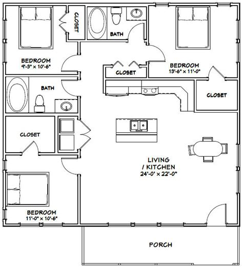 36x34 House 3-bedroom 2-bath 1,224 Sq Ft PDF Floor Plan Instant