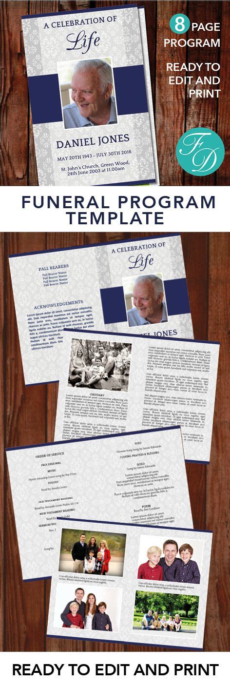 8 Page Classic Funeral Program Template For Men Celebration Etsy