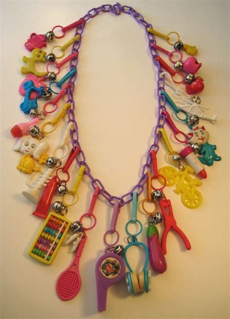 Vintage 80s Plastic Bell Clip Charm Necklace Loaded Retro 6 Old