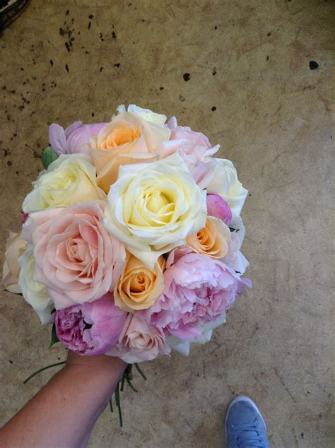 Bridal Hand Tied Bouquet Cream Peach And Pink Avalanche Roses With