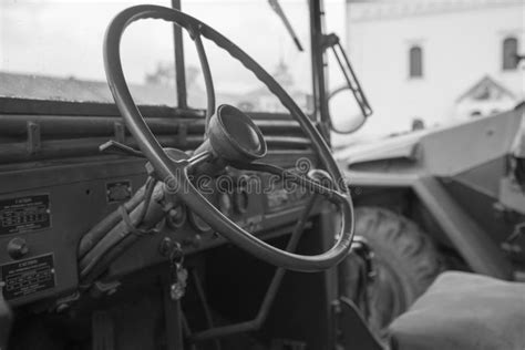 Vintage Military Vehicle Steering Wheel Interior Closeup Stock Photo
