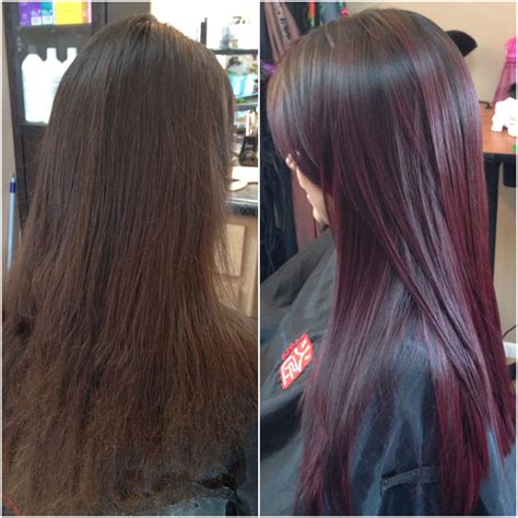 To not damage your hair irreversible, the best thing you can do is wait two weeks before applying the dye again to fix the color. Before and after. crimson red | Salon hair color, Mahogany ...