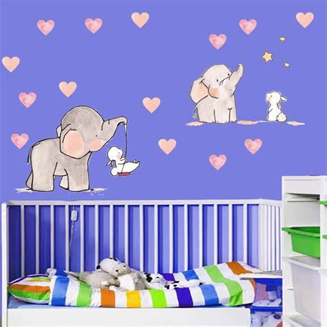 Cute Elephant Rabbit Hearts Wall Decals For Baby Room Decor Kids Room