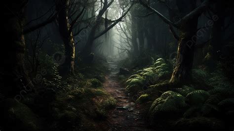 Fundo Caminho Escuro Através De Uma Floresta Escura Fundo Fotos De