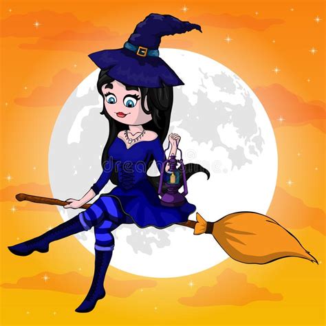 Vector Illustration Of A Halloween Witch Flying On A Broomstick Stock Vector Illustration Of