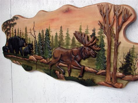 Carved Wood Moose And Bear Intarsia Natural Wood Wall Art